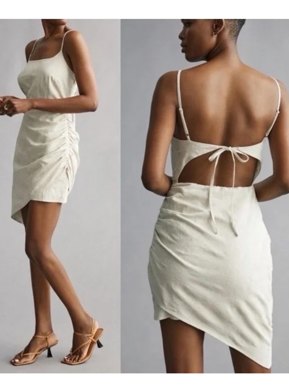 Anthropologie Flat White Linen Ruched Dress Sand NWT SP Small Petite
